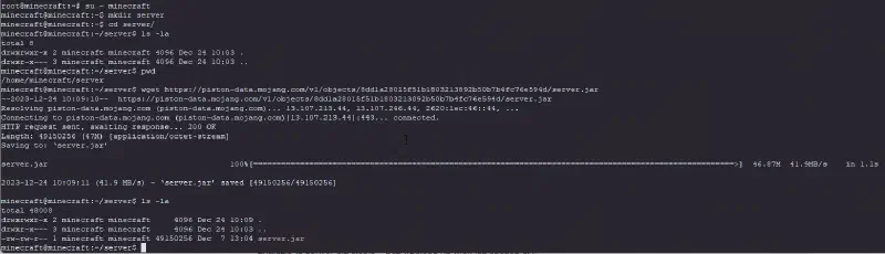 Terminal z pobieraniem pliku server.jar serwera Minecraft poleceniem wget