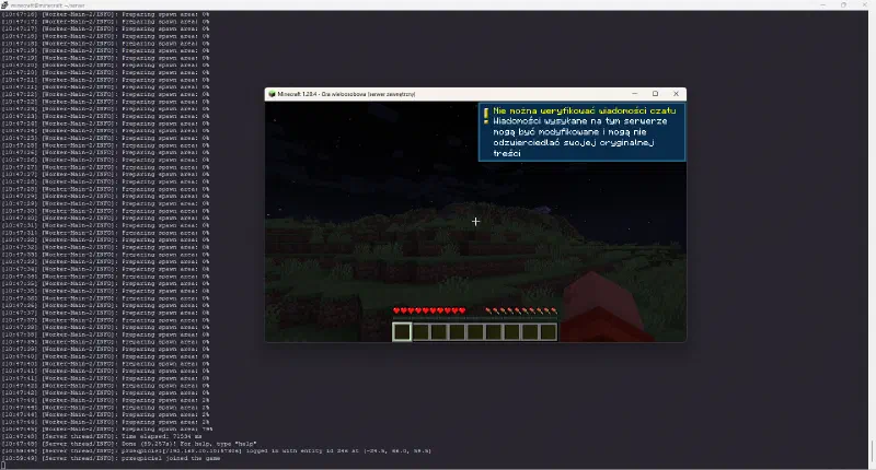 Klient Minecraft połączony z własnym, świeżo uruchomionym serwerem