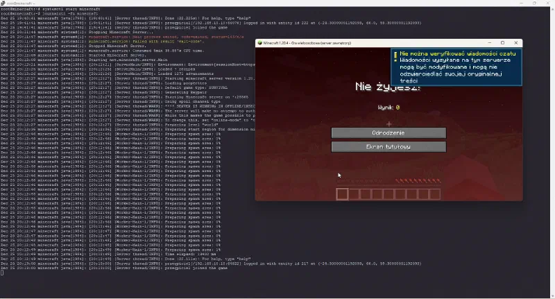 Status usługi serwera Minecraft uruchomionej przez systemd