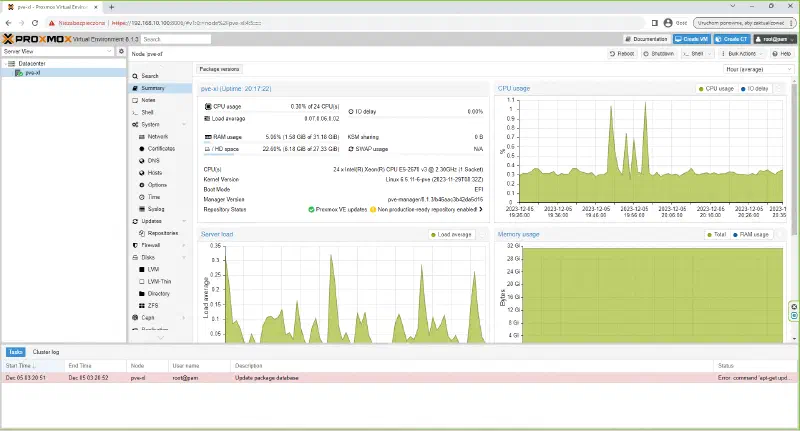 Interfejs webowy Proxmox VE działający po instalacji na Debianie