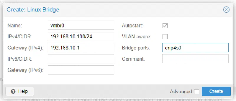 Okno tworzenia nowego interfejsu Linux Bridge (vmbr0) w Proxmox