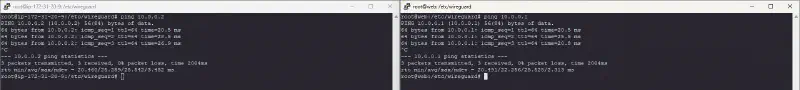 Wynik polecenia ping przez tunel WireGuard między serwerem VPS a hostem domowym